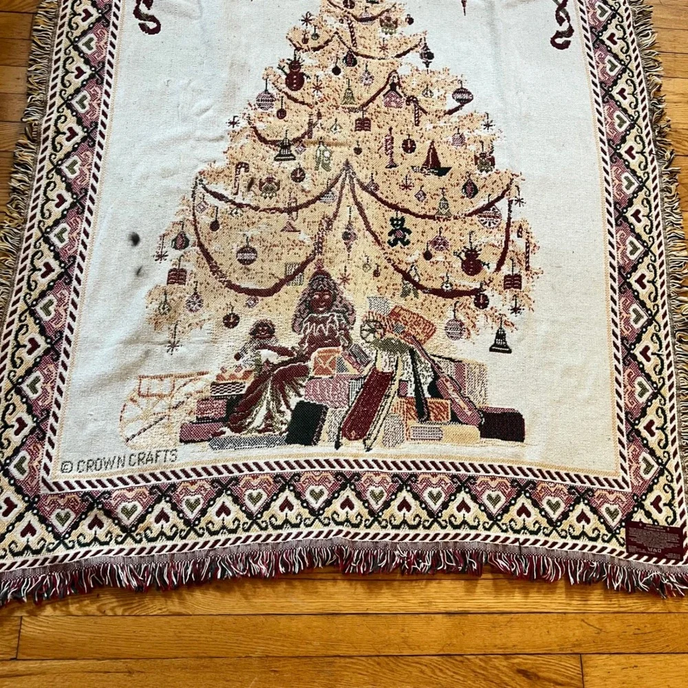 Crown Crafts Christmas Tree Woven Tapestry Throw Blanket Burgundy Cotton USA